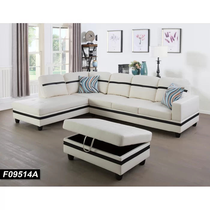 L- Shape Sectional Sofa: 103.5" Wide Faux Leather Sofa & Chaise with ottoman(White/Black)