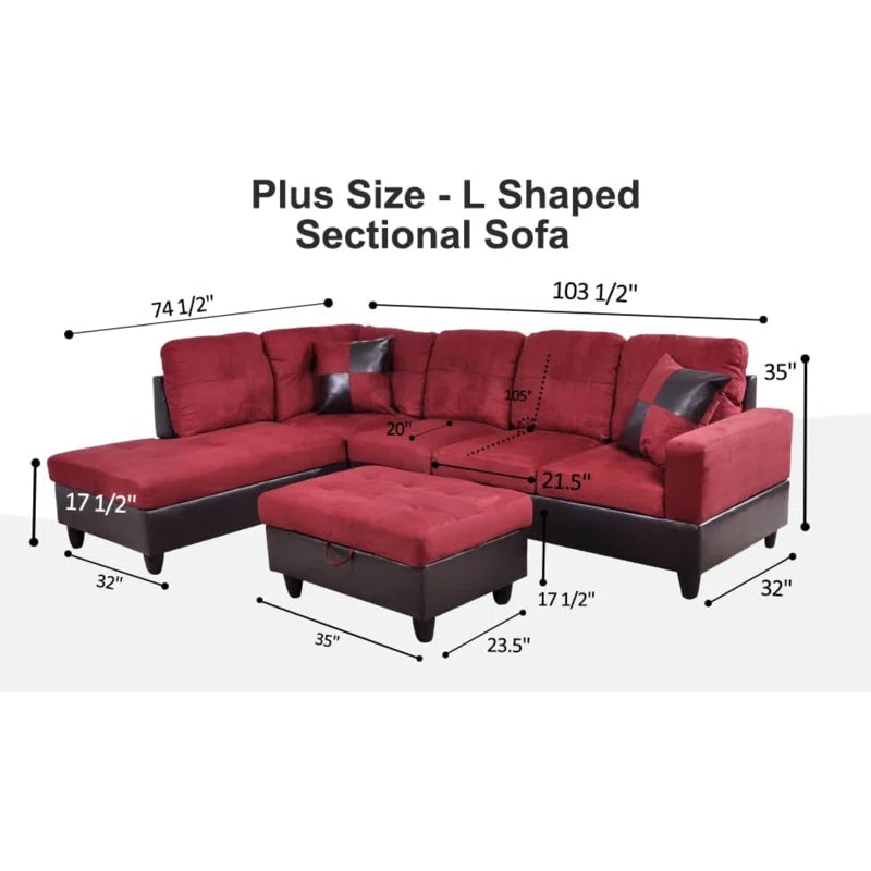 THE CASA ORO® L-Shape Sofa: 103" Wide L-Shaped Modular Living Room Sectional Sofa(Red Microfiber)
