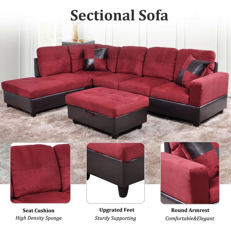 THE CASA ORO® L-Shape Sofa: 103" Wide L-Shaped Modular Living Room Sectional Sofa(Red Microfiber)