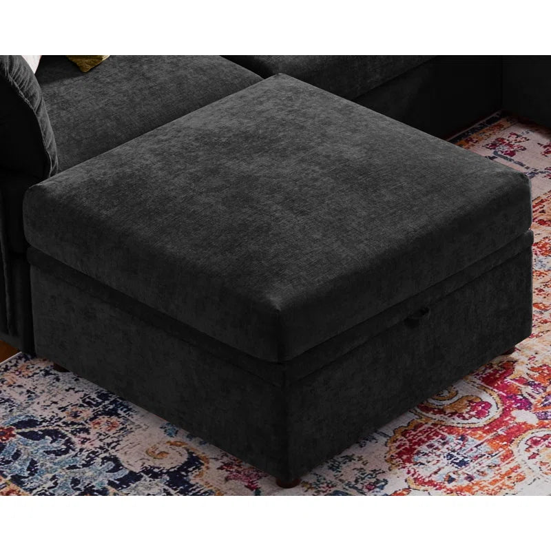 U-Shape Sectional Sofa: 130.5'' Wide Reversible Modern Modular Fabric Sectional Sofa With Storage Ottoman(Black Chenille)