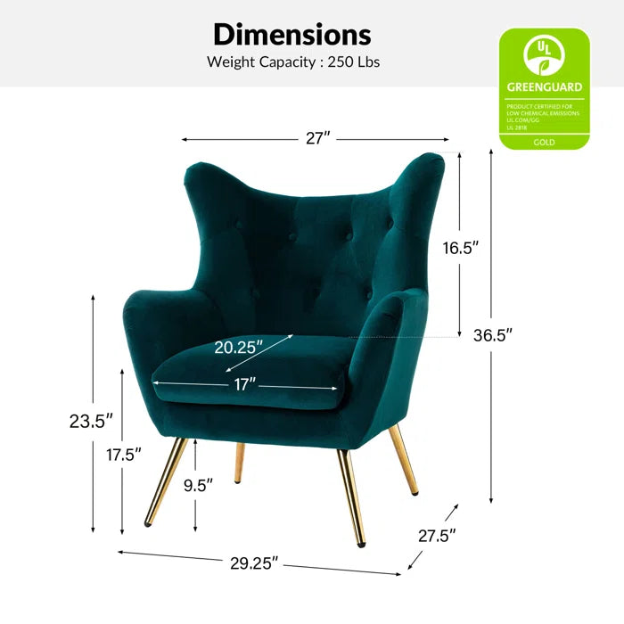 THE CASA ORO® 29.25" Wide Tufted Polyester Wing Armchair(Teal Velvet)