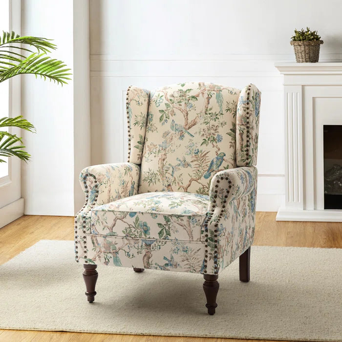 THE CASA ORO® 30" Wide Upholstered Wing Accent Chair for French Country(Bird Linen)