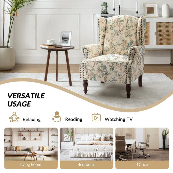THE CASA ORO® 30" Wide Upholstered Wing Accent Chair for French Country(Bird Linen)