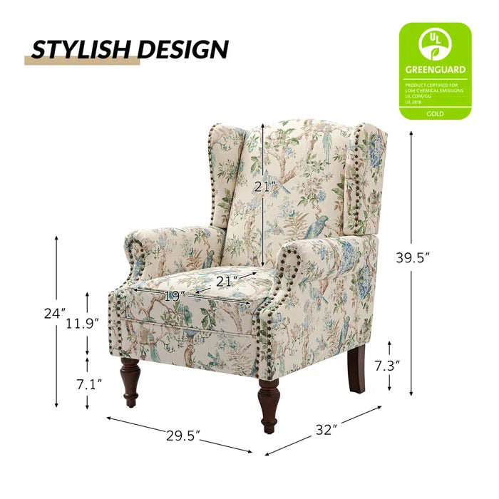 THE CASA ORO® 30" Wide Upholstered Wing Accent Chair for French Country(Bird Linen)