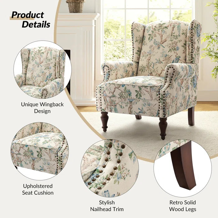THE CASA ORO® 30" Wide Upholstered Wing Accent Chair for French Country(Bird Linen)