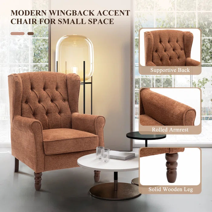 THE CASA ORO® Wing Accent Chair Button-Tufted Small with Rolled Arm and Thick Padded Cushion(Coral Polyester)
