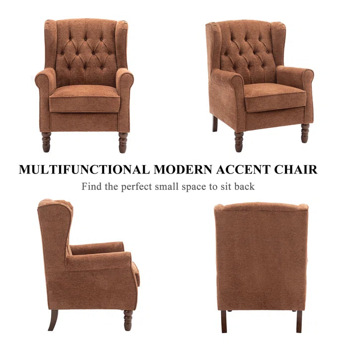 THE CASA ORO® Wing Accent Chair Button-Tufted Small with Rolled Arm and Thick Padded Cushion(Coral Polyester)