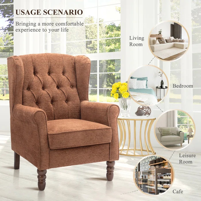 THE CASA ORO® Wing Accent Chair Button-Tufted Small with Rolled Arm and Thick Padded Cushion(Coral Polyester)