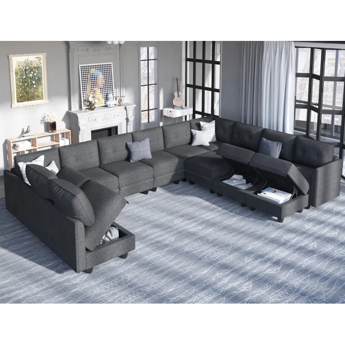 U-Shape Sectional Sofa: 14 - Piece Upholstered Sectional Sofa(Black Polyester Blend)