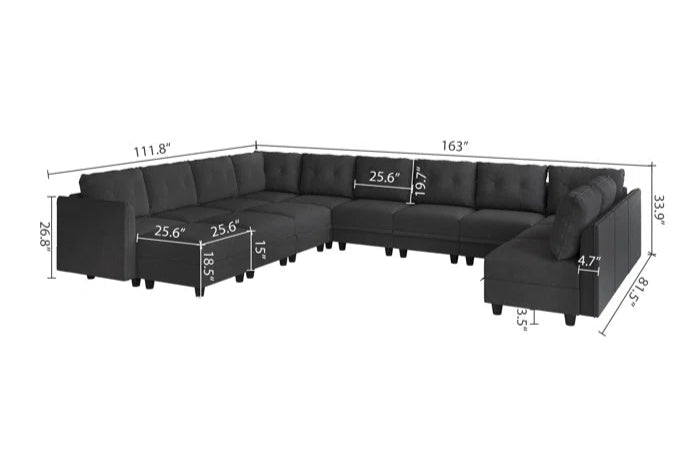 U-Shape Sectional Sofa: 14 - Piece Upholstered Sectional Sofa(Black Polyester Blend)