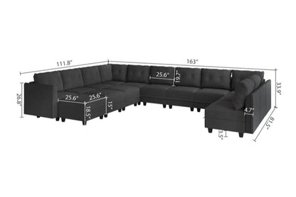 U-Shape Sectional Sofa: 14 - Piece Upholstered Sectional Sofa(Black Polyester Blend)