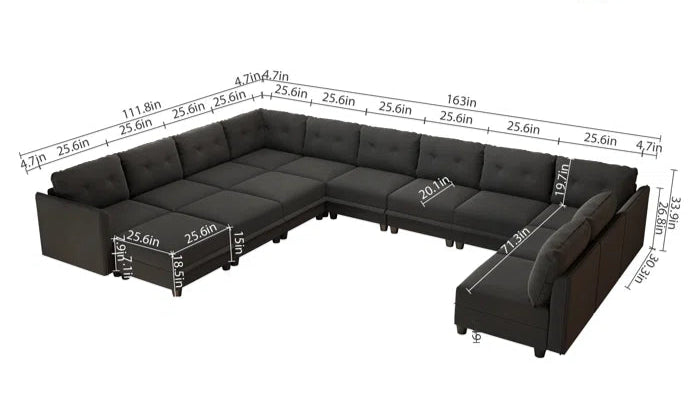 U-Shape Sectional Sofa: 14 - Piece Upholstered Sectional Sofa(Black Polyester Blend)