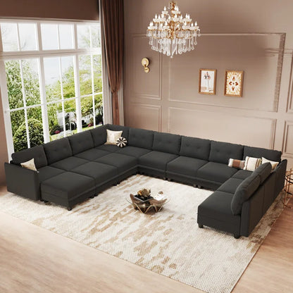 U-Shape Sectional Sofa: 14 - Piece Upholstered Sectional Sofa(Black Polyester Blend)