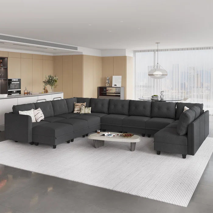 U-Shape Sectional Sofa: 14 - Piece Upholstered Sectional Sofa(Black Polyester Blend)