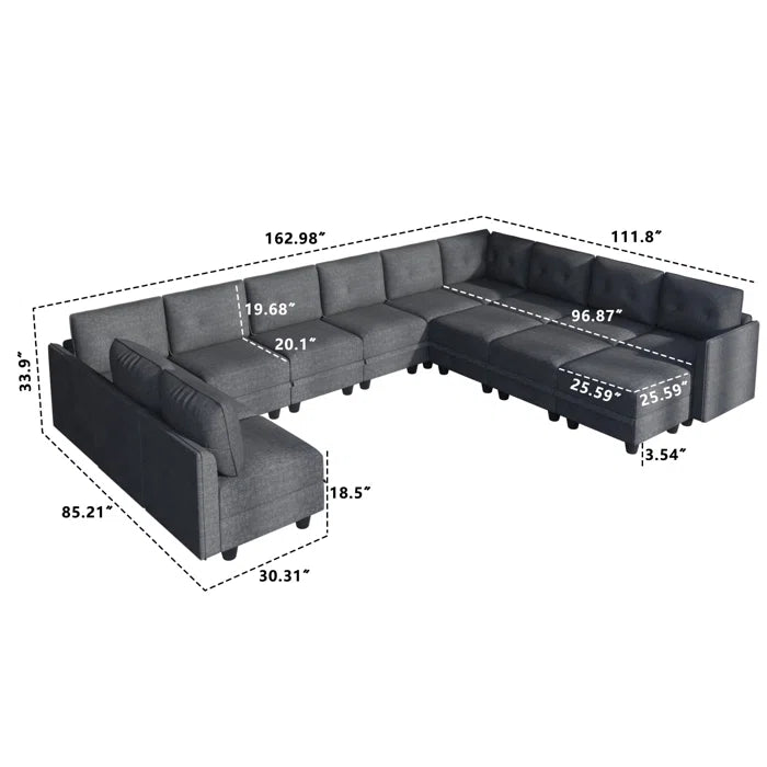 U-Shape Sectional Sofa: 14 - Piece Upholstered Sectional Sofa(Black Polyester Blend)