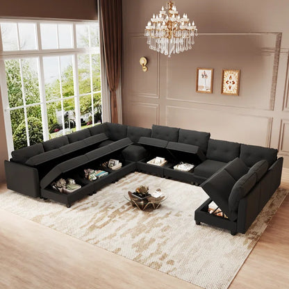 U-Shape Sectional Sofa: 14 - Piece Upholstered Sectional Sofa(Black Polyester Blend)