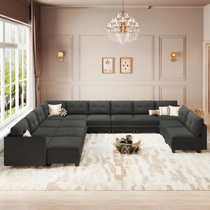 U-Shape Sectional Sofa: 14 - Piece Upholstered Sectional Sofa(Black Polyester Blend)