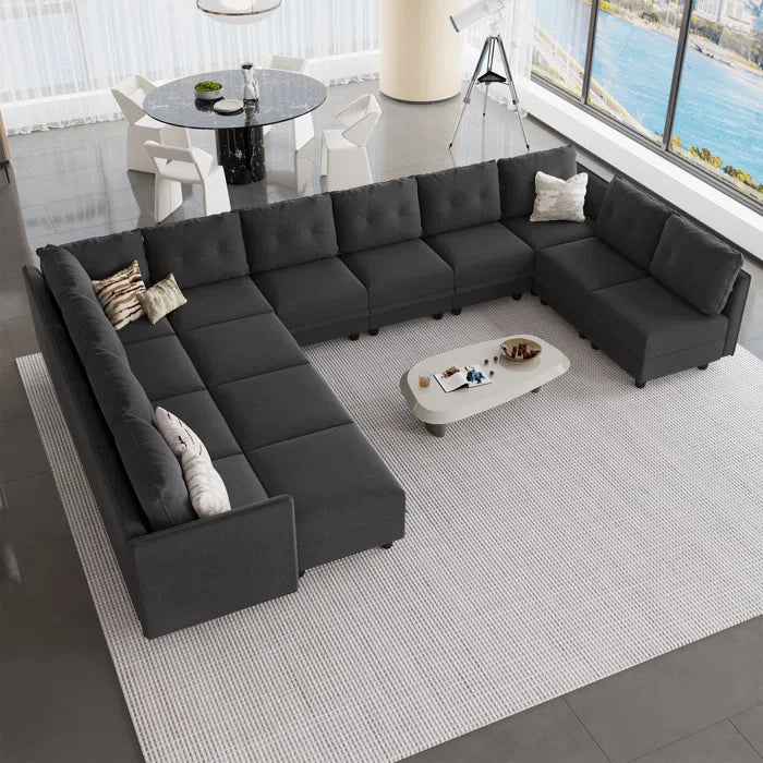 U-Shape Sectional Sofa: 14 - Piece Upholstered Sectional Sofa(Black Polyester Blend)