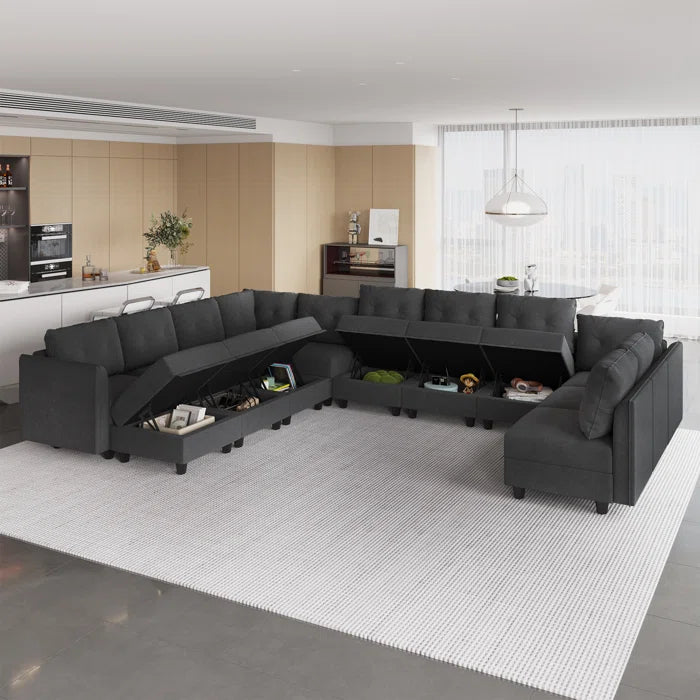 U-Shape Sectional Sofa: 14 - Piece Upholstered Sectional Sofa(Black Polyester Blend)