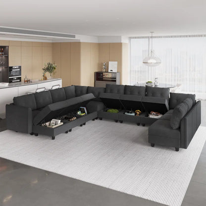 U-Shape Sectional Sofa: 14 - Piece Upholstered Sectional Sofa(Black Polyester Blend)