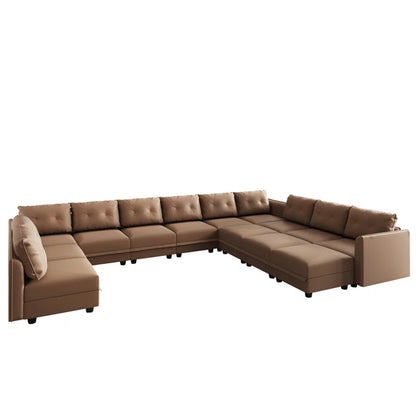 U-Shape Sectional Sofa: 14 - Piece Upholstered Sectional Sofa(Brown Faux Leather)