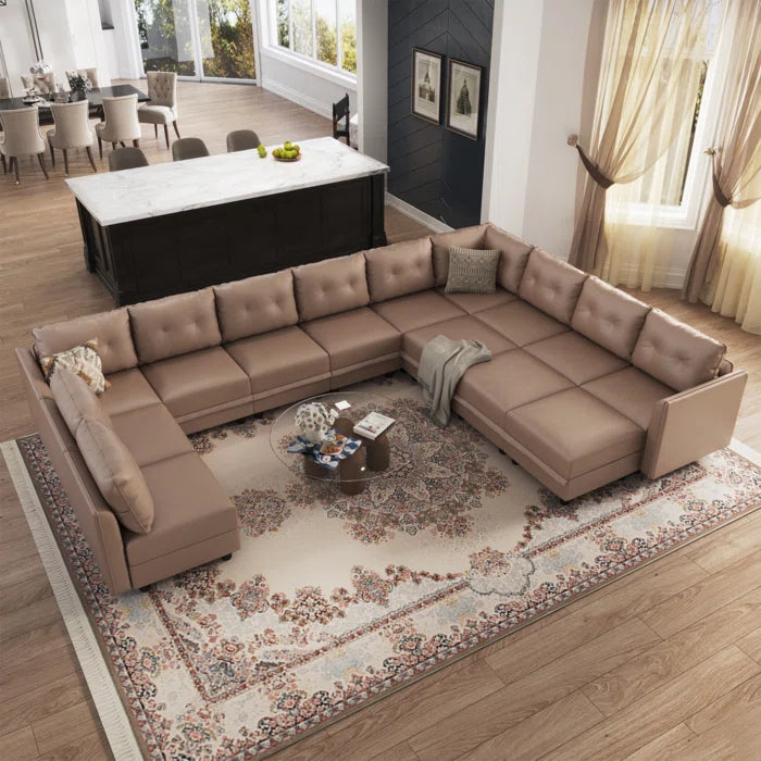 U-Shape Sectional Sofa: 14 - Piece Upholstered Sectional Sofa(Brown Faux Leather)