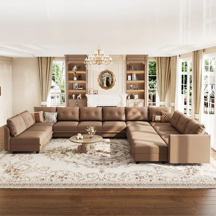 U-Shape Sectional Sofa: 14 - Piece Upholstered Sectional Sofa(Brown Faux Leather)