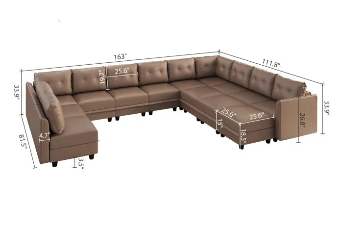 U-Shape Sectional Sofa: 14 - Piece Upholstered Sectional Sofa(Brown Faux Leather)