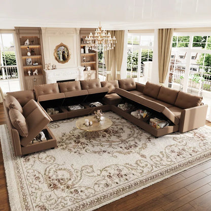 U-Shape Sectional Sofa: 14 - Piece Upholstered Sectional Sofa(Brown Faux Leather)