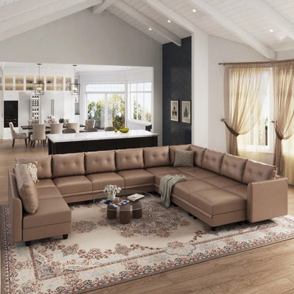 U-Shape Sectional Sofa: 14 - Piece Upholstered Sectional Sofa(Brown Faux Leather)