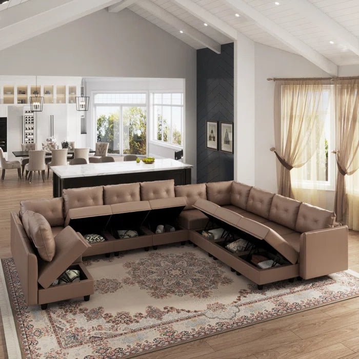 U-Shape Sectional Sofa: 14 - Piece Upholstered Sectional Sofa(Brown Faux Leather)