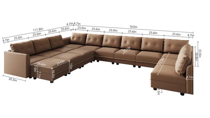 U-Shape Sectional Sofa: 14 - Piece Upholstered Sectional Sofa(Brown Faux Leather)