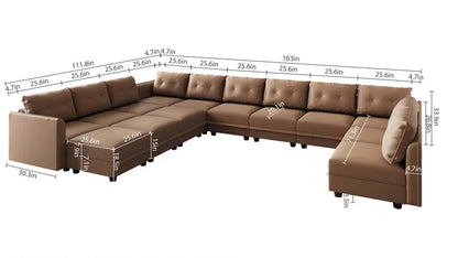 U-Shape Sectional Sofa: 14 - Piece Upholstered Sectional Sofa(Brown Faux Leather)