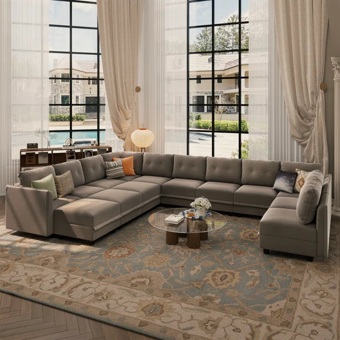 U-Shape Sectional Sofa: 14 - Piece Upholstered Sectional Sofa(Camel Faux Leather)