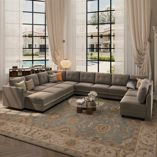 U-Shape Sectional Sofa: 14 - Piece Upholstered Sectional Sofa(Camel Faux Leather)