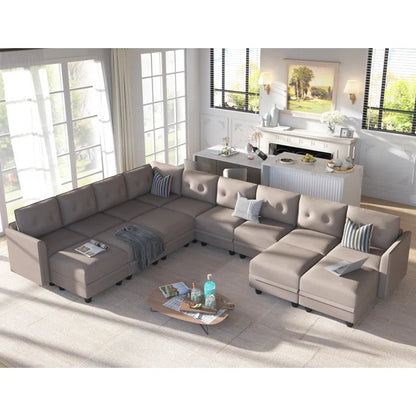 U-Shape Sectional Sofa: 14 - Piece Upholstered Sectional Sofa(Camel Faux Leather)