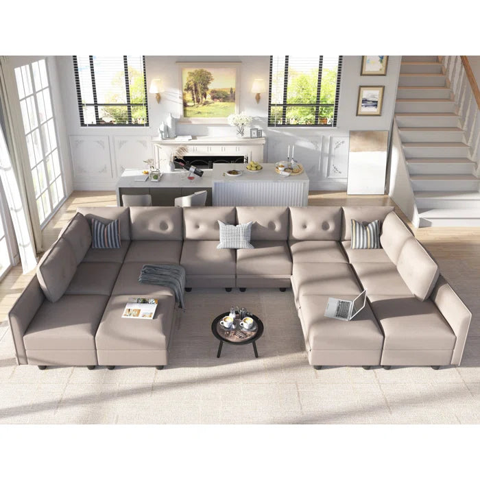 U-Shape Sectional Sofa: 14 - Piece Upholstered Sectional Sofa(Camel Faux Leather)
