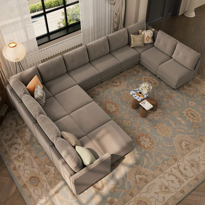 U-Shape Sectional Sofa: 14 - Piece Upholstered Sectional Sofa(Camel Faux Leather)