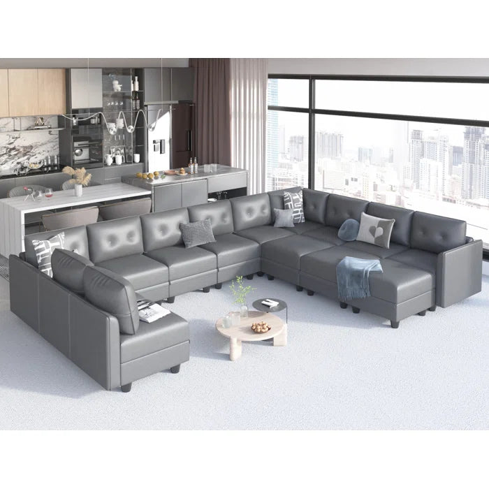 U-Shape Sectional Sofa: 14 - Piece Upholstered Sectional Sofa(Gray Faux Leather)
