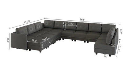 U-Shape Sectional Sofa: 14 - Piece Upholstered Sectional Sofa(Gray Faux Leather)