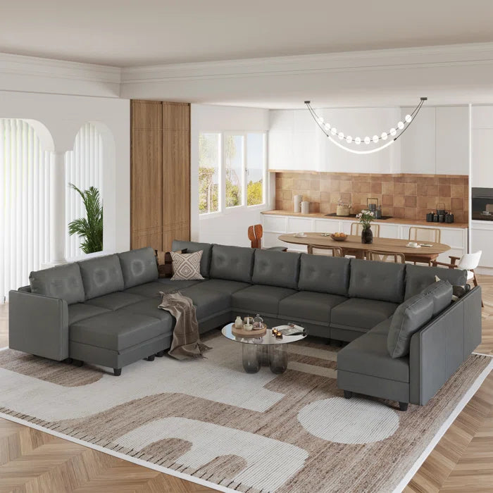 U-Shape Sectional Sofa: 14 - Piece Upholstered Sectional Sofa(Gray Faux Leather)