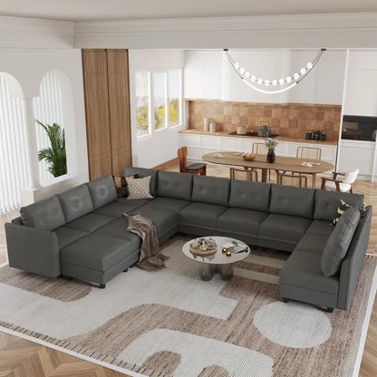 U-Shape Sectional Sofa: 14 - Piece Upholstered Sectional Sofa(Gray Faux Leather)