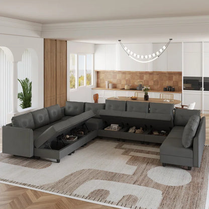 U-Shape Sectional Sofa: 14 - Piece Upholstered Sectional Sofa(Gray Faux Leather)