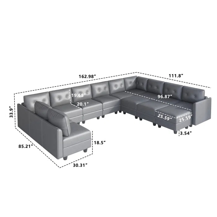 U-Shape Sectional Sofa: 14 - Piece Upholstered Sectional Sofa(Gray Faux Leather)