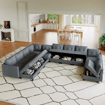 U-Shape Sectional Sofa: 14 - Piece Upholstered Sectional Sofa(Gray Polyester Blend)