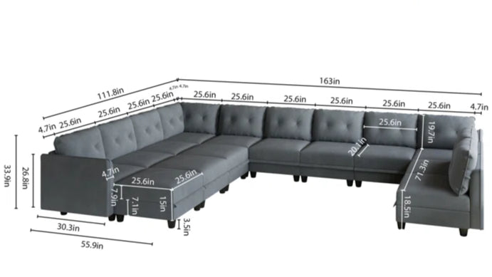 U-Shape Sectional Sofa: 14 - Piece Upholstered Sectional Sofa(Gray Polyester Blend)