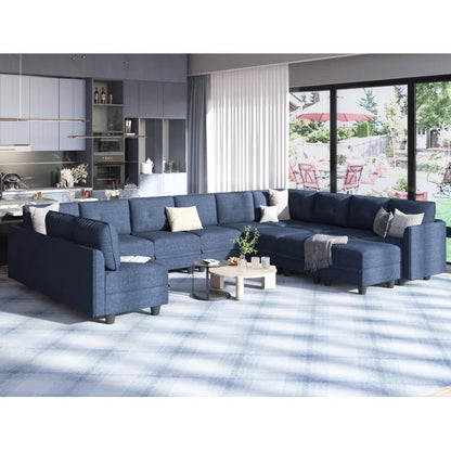 U-Shape Sectional Sofa: 14 - Piece Upholstered Sectional Sofa(Navy Blue Polyester Blend)