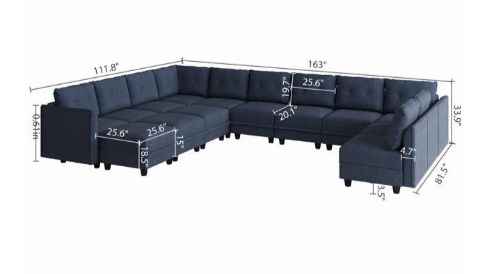 U-Shape Sectional Sofa: 14 - Piece Upholstered Sectional Sofa(Navy Blue Polyester Blend)