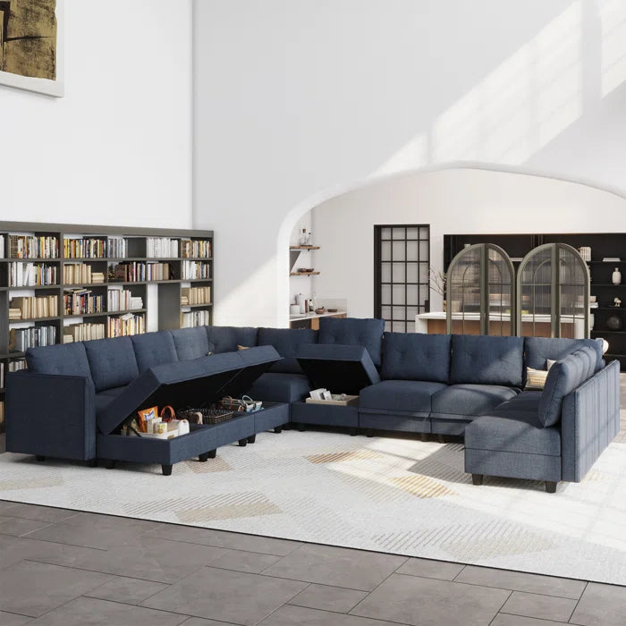 U-Shape Sectional Sofa: 14 - Piece Upholstered Sectional Sofa(Navy Blue Polyester Blend)