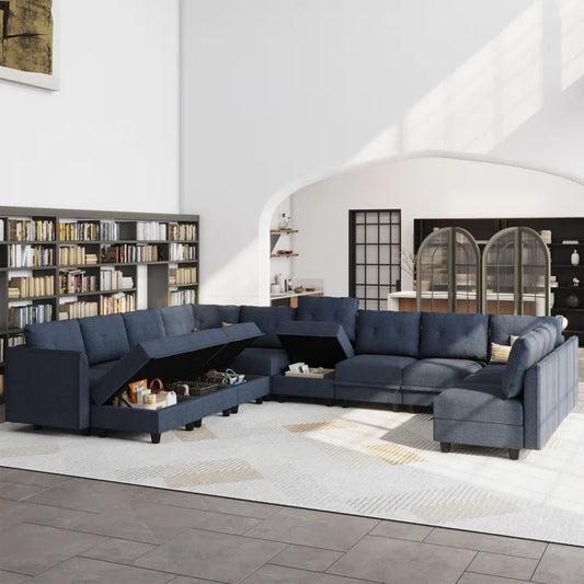 U-Shape Sectional Sofa: 14 - Piece Upholstered Sectional Sofa(Navy Blue Polyester Blend)